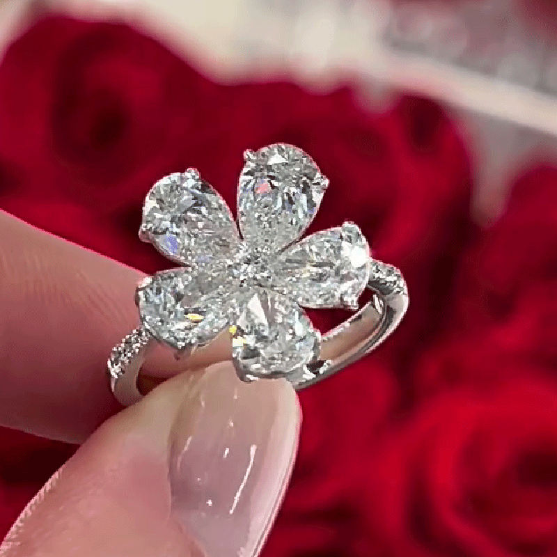 White Sapphire Pear Cut Diamond Flower Silver Ring-Miusejewelry