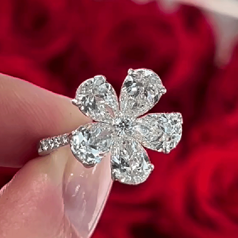 White Sapphire Pear Cut Diamond Flower Silver Ring-Miusejewelry