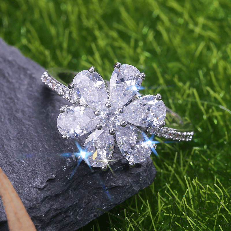 White Sapphire Pear Cut Diamond Flower Silver Ring-Miusejewelry