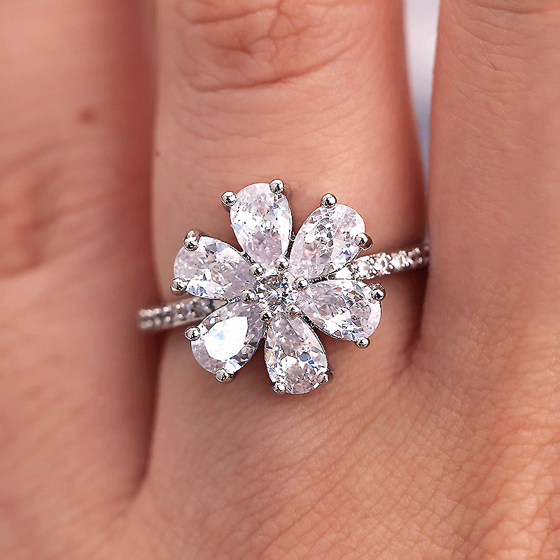 White Sapphire Pear Cut Diamond Flower Silver Ring-Miusejewelry