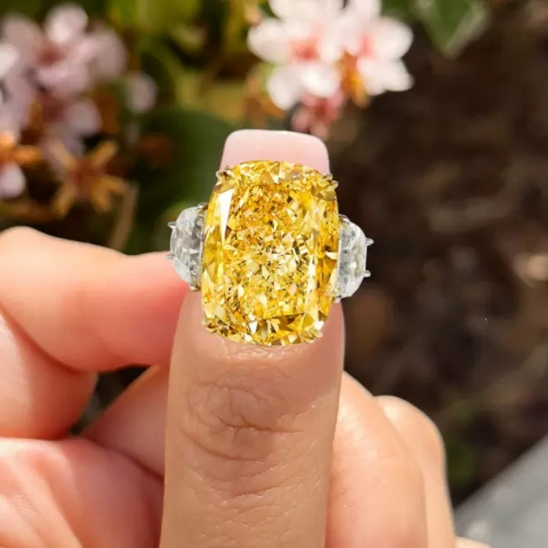 13Ct Cushion Cut Yellow Sapphire Three-stone Engagement Ring-Miusejewelry