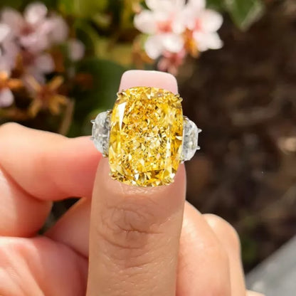 13Ct Cushion Cut Yellow Sapphire Three-stone Engagement Ring-Miusejewelry