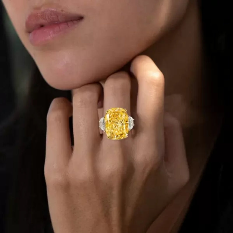 13Ct Cushion Cut Yellow Sapphire Three-stone Engagement Ring-Miusejewelry