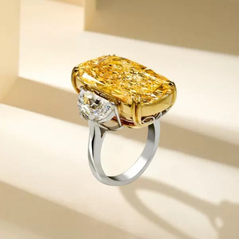 13Ct Cushion Cut Yellow Sapphire Three-stone Engagement Ring-Miusejewelry