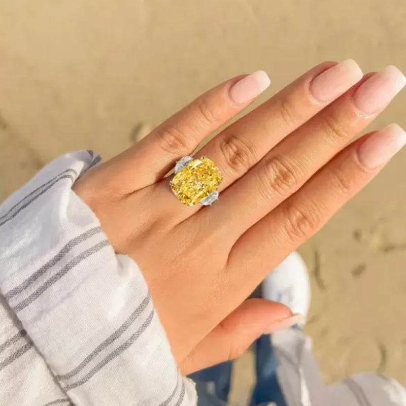 13Ct Cushion Cut Yellow Sapphire Three-stone Engagement Ring-Miusejewelry