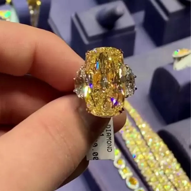 13Ct Cushion Cut Yellow Sapphire Three-stone Engagement Ring-Miusejewelry