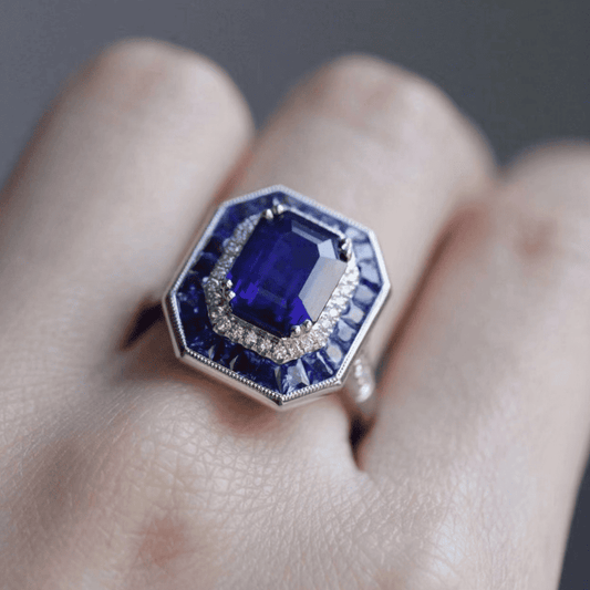 8Ct Baguette Cut Blue Sapphire Engagement Ring-Miusejewelry