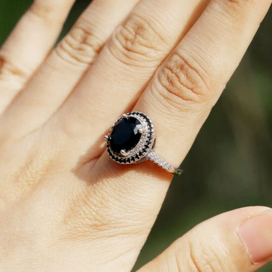 8Ct Oval Cut Black Sapphire Engagement Ring-Miusejewelry