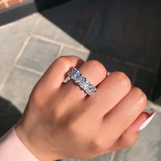 Eternity Emerald Cut Sterling Silver Wedding Band-Miusejewelry