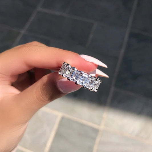 Eternity Emerald Cut Sterling Silver Wedding Band-Miusejewelry