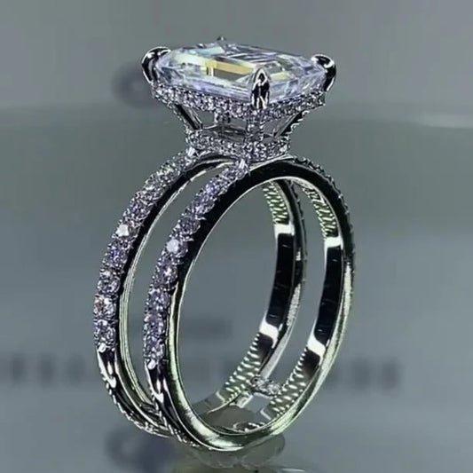 8Ct Baguette Cut White Sapphire Double Band Engagement Ring-Miusejewelry