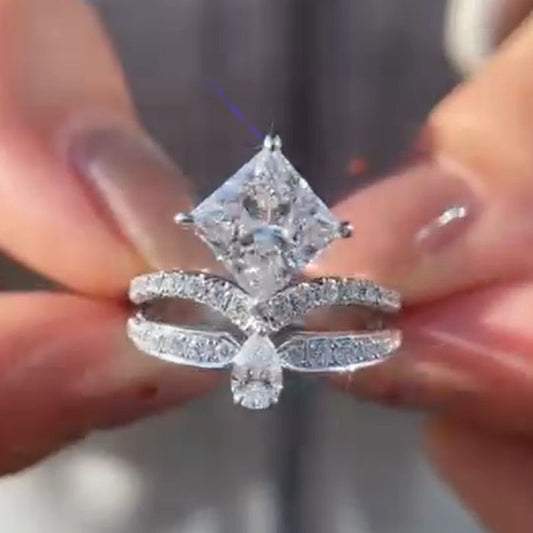 10Ct Asscher&Pear&Round Cut White Sapphire Silver Engagement Ring-Miusejewelry