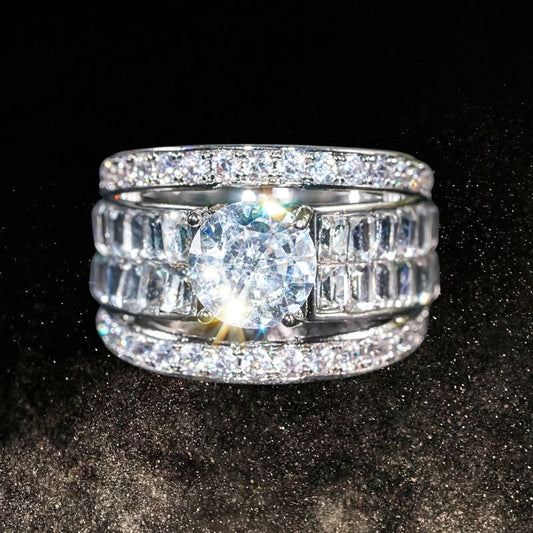 12Ct Round&Baguette Cut White Sapphire Silver Wedding Ring-Miusejewelry