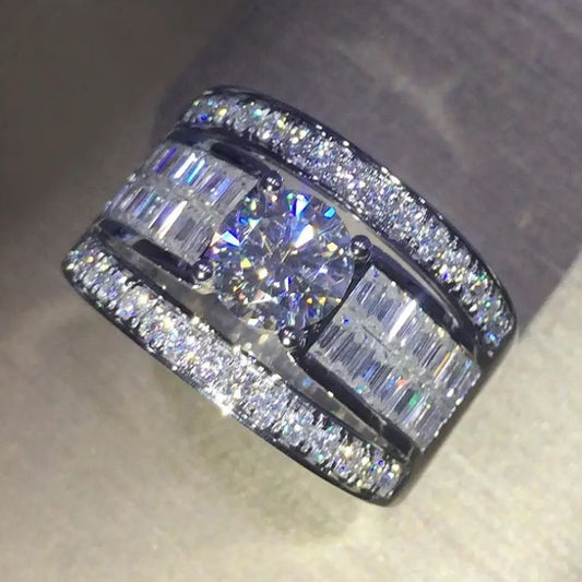 12Ct Round&Baguette Cut White Sapphire Silver Wedding Ring-Miusejewelry