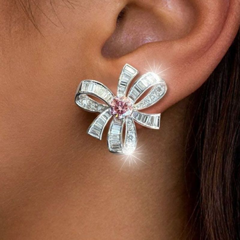 Elegance Two Tone Round Cut Pink Sapphire Stud Earrings-Miusejewelry