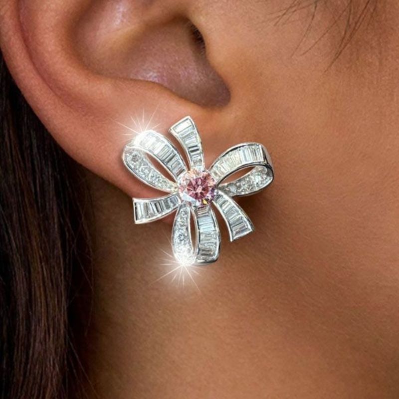 Elegance Two Tone Round Cut Pink Sapphire Stud Earrings-Miusejewelry