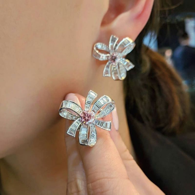 Elegance Two Tone Round Cut Pink Sapphire Stud Earrings-Miusejewelry