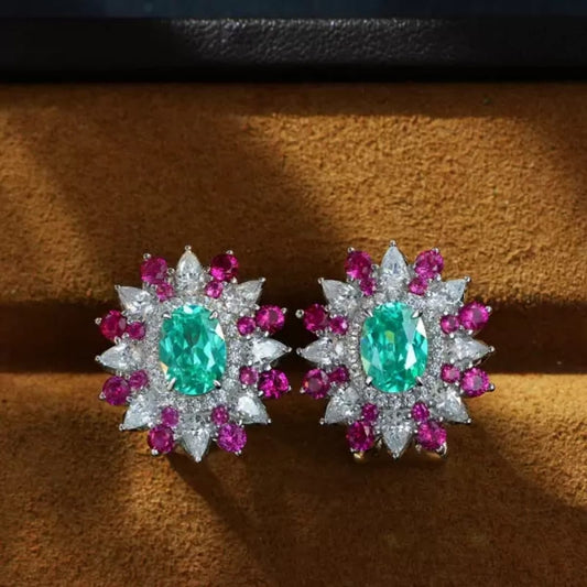 6ctw Oval Cut Green Blue Paraiba Tourmaline Flower Earrings-Miusejewelry