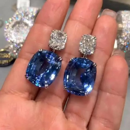 18Ct Cushion Cut Sapphire or Aquamarine Drop Earrings-Miusejewelry