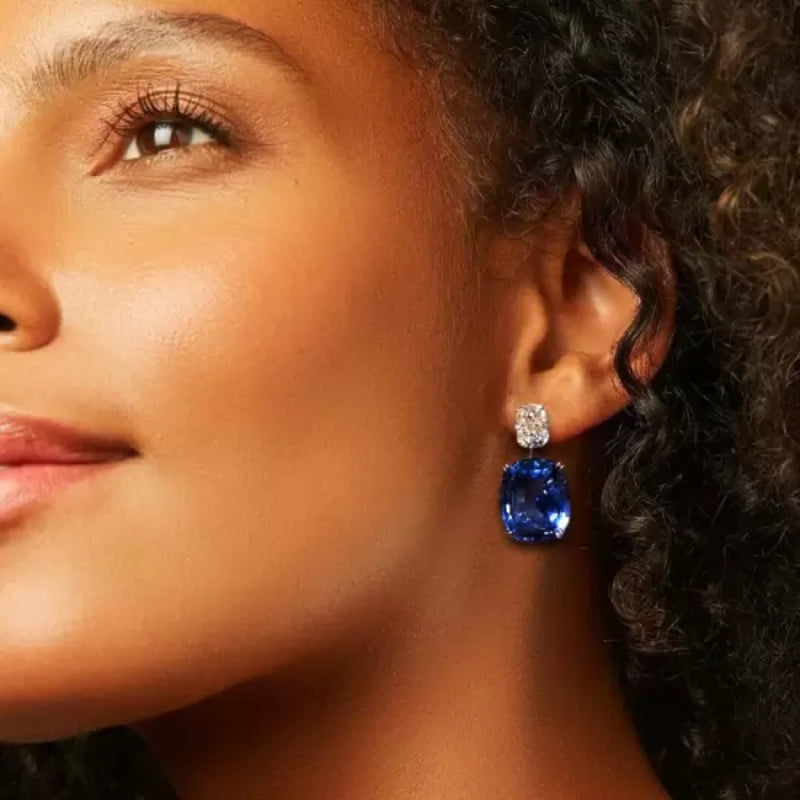 18Ct Cushion Cut Sapphire or Aquamarine Drop Earrings-Miusejewelry