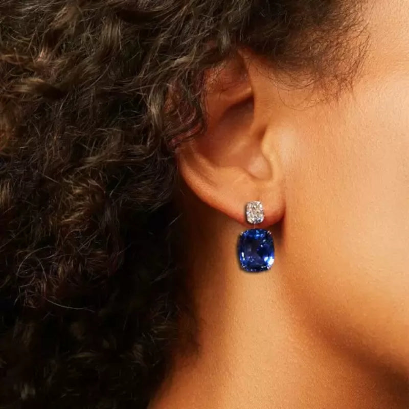 18Ct Cushion Cut Sapphire or Aquamarine Drop Earrings-Miusejewelry