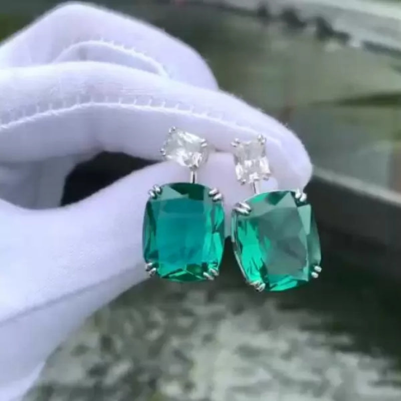 18Ct Cushion Cut Sapphire or Aquamarine Drop Earrings-Miusejewelry