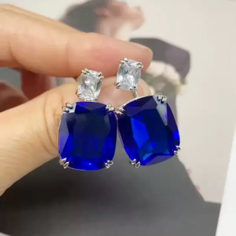 18Ct Cushion Cut Sapphire or Aquamarine Drop Earrings-Miusejewelry