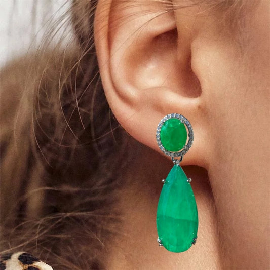 13Ct Oval&Pear Cut Green Sapphire Drop Earrings-Miusejewelry