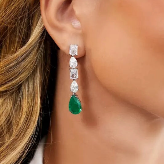 14Ct Baguette&Pear Cut Green Sapphire Drop Earrings-Miusejewelry