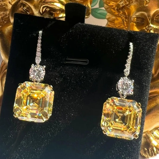 16Ct Asscher Cut Yellow Sapphire Drop Earrings-Miusejewelry