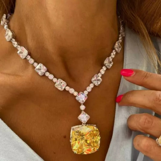 69Ct Cushion Cut Yellow Sapphire Statement Necklace-Miusejewelry