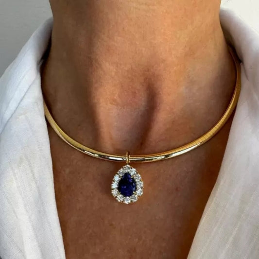 16Ct Pear Cut Sapphire Heirloom Bezel Charm Choker Necklace-Miusejewelry