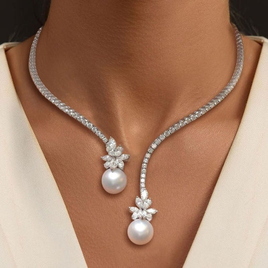 Open Design Round Pearl Sapphire Pendant Necklace-Miusejewelry