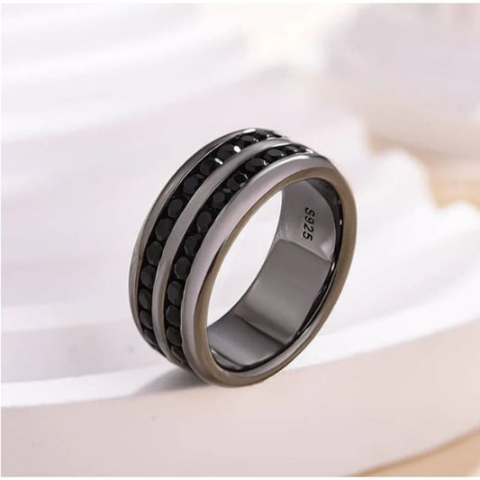 Two Row Design Black Gold Black Sapphire Men's Wide Wedding Band In 925 Sterling Silver-Miusejewelry