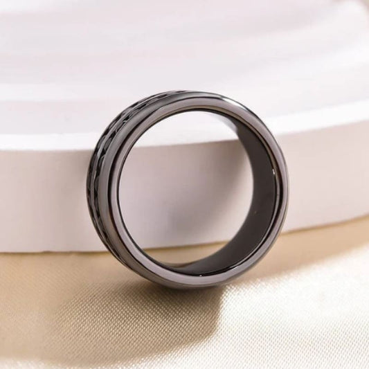 Two Row Design Black Gold Black Sapphire Men's Wide Wedding Band In 925 Sterling Silver-Miusejewelry