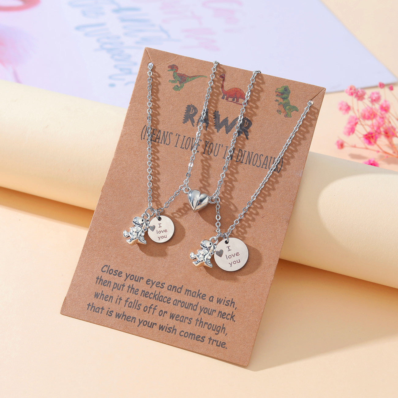 Alloy 3d Little Dinosaur Heart-shaped Magnetic Buckle Couple Necklaces