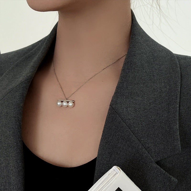 Women's Sterling Sier Balance Beam Pearl Simple Necklaces