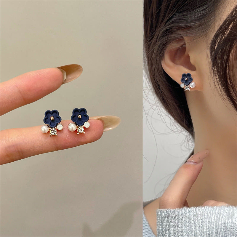Needle Matte Sapphire Blue Small Flower Rhinestone Pearl Earrings