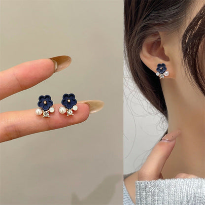 Needle Matte Sapphire Blue Small Flower Rhinestone Pearl Earrings