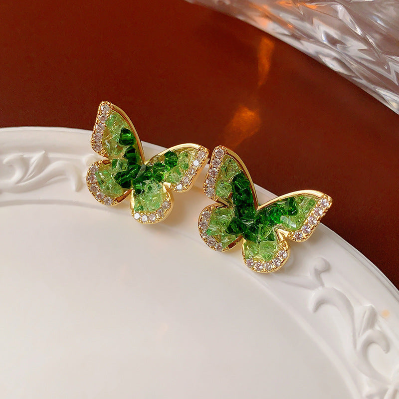 Women's Electroplated Sier Needle Zircon Green Butterfly Refreshing Earrings