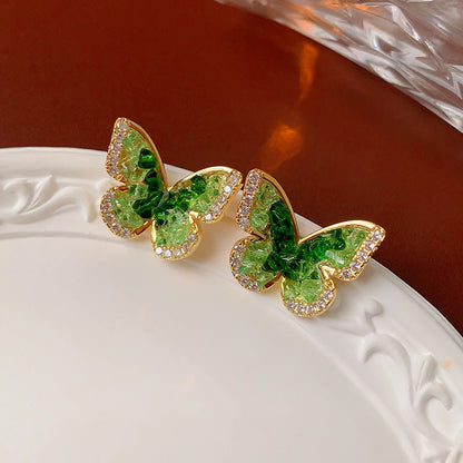 Women's Electroplated Sier Needle Zircon Green Butterfly Refreshing Earrings