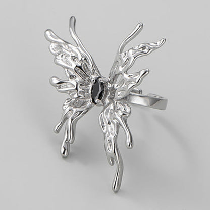 Women's Sier Personality Butterfly Retro Fashion Micro Inlaid Zircon Open Rings
