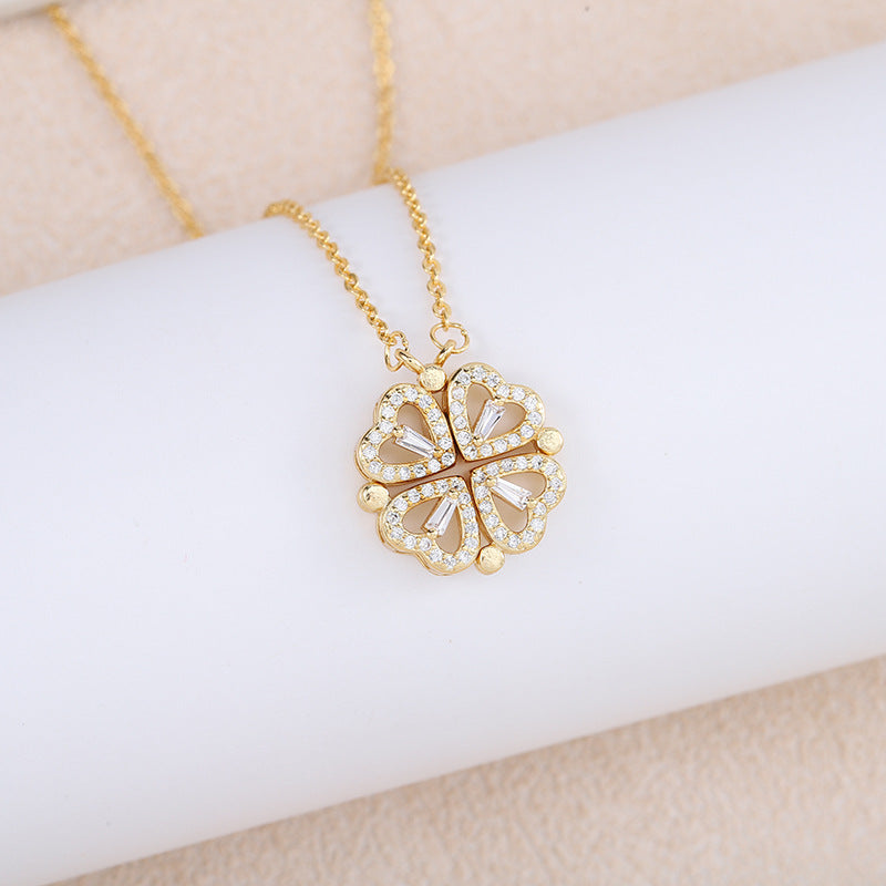 Print Open And Close Folding Four-leaf Clover Heart Necklaces
