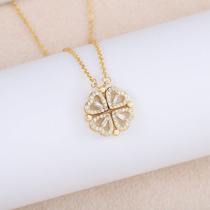 Print Open And Close Folding Four-leaf Clover Heart Necklaces