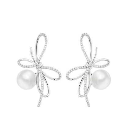Micro Inlaid Zircon Bowknot Pearl Delicate Super Shining Earrings