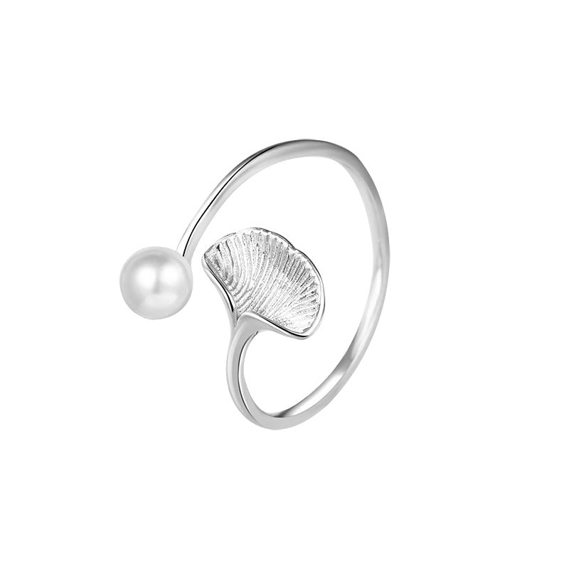 Pearl Ginkgo Leaf Female Sterling Sier Simple Rings
