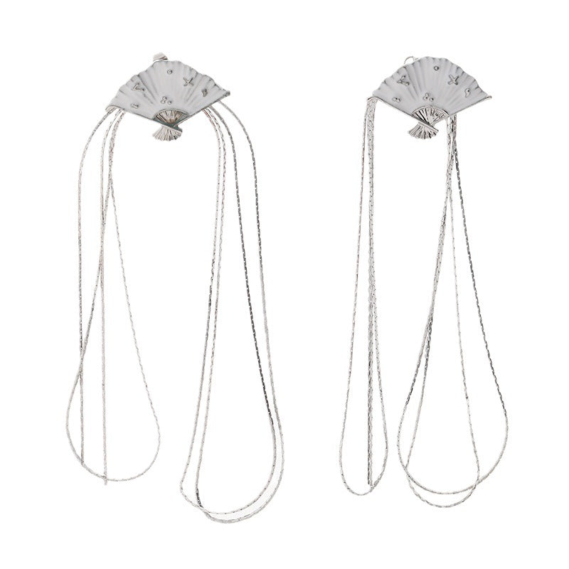 Chinese Style Antique Fan Long Fringe Earrings