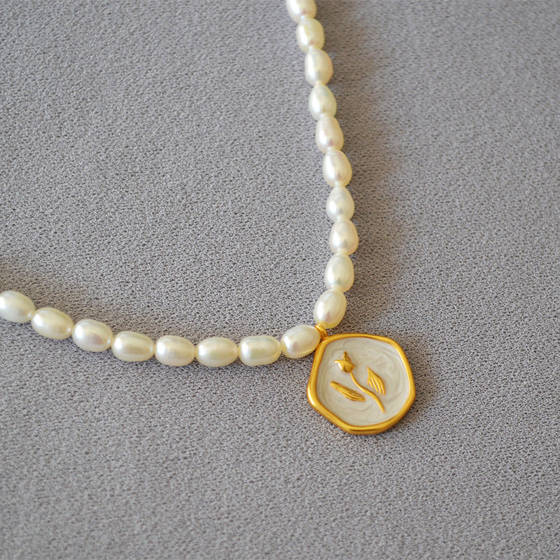 French Elegant Pearl White Enamel Vintage Rose Gold Coin Necklaces