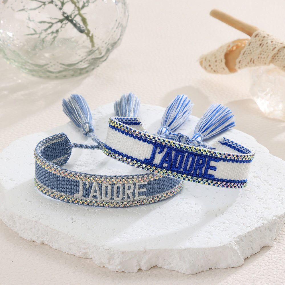 Women's Rhinestone Woven Embroidered Letter Carrying Strap Bracelets