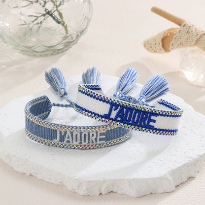 Women's Rhinestone Woven Embroidered Letter Carrying Strap Bracelets